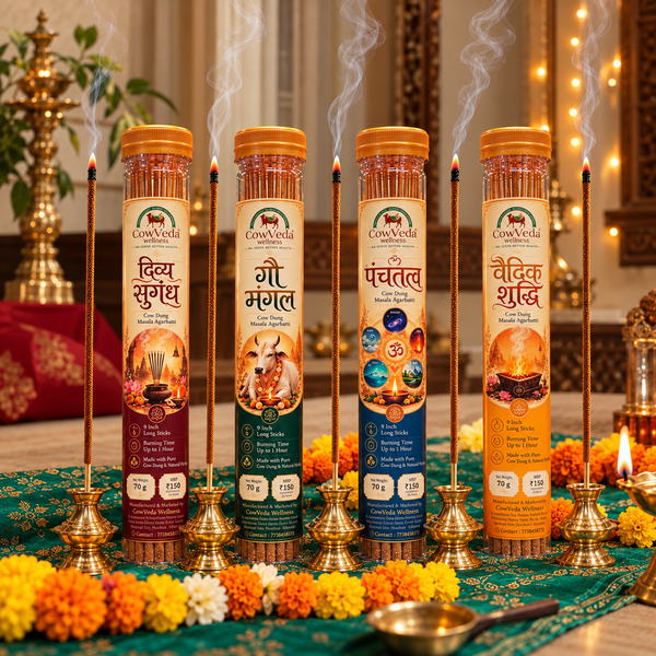 CowVeda Panchgavya Cow Dung Masala Agarbatti – Divine Spiritual Combo of 4