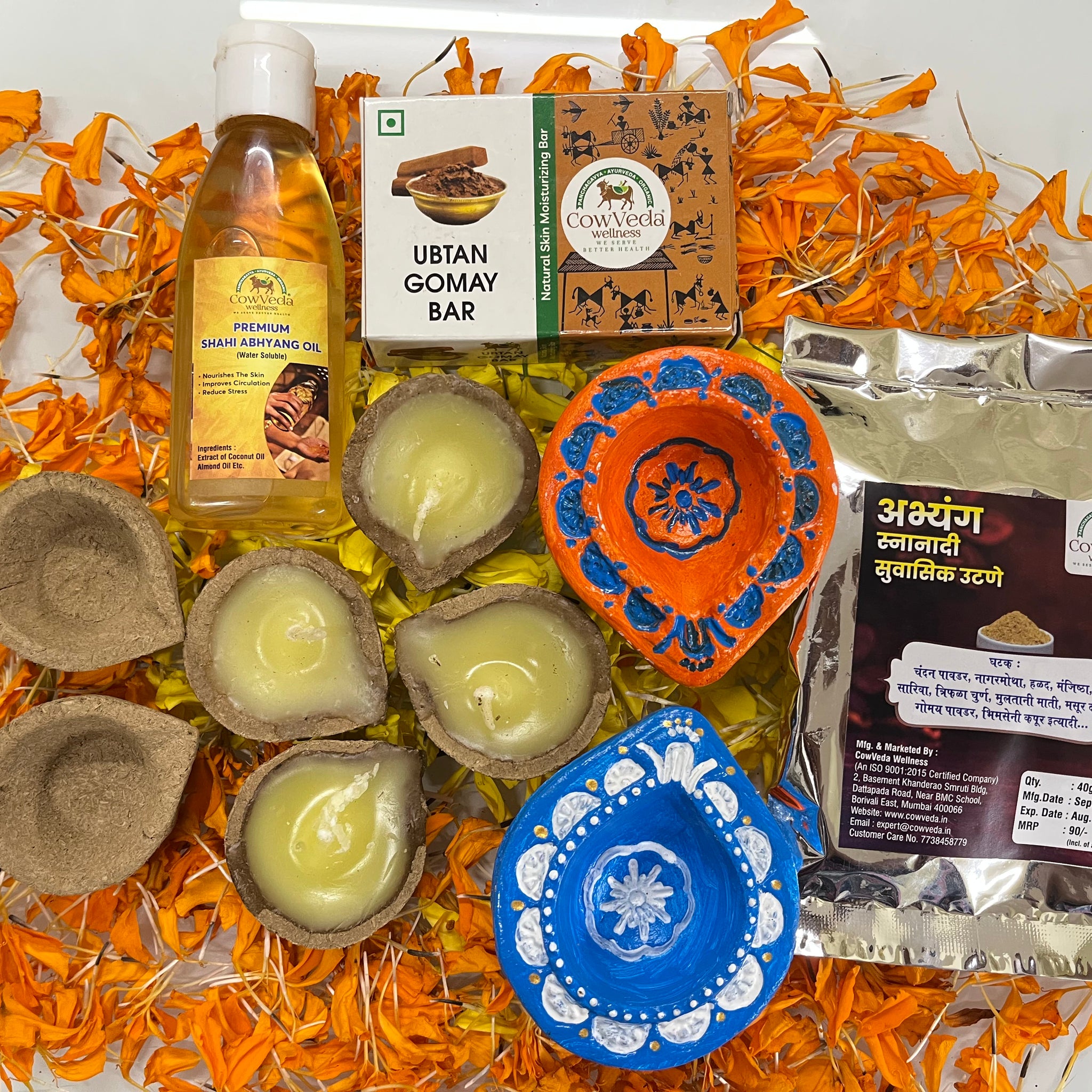 CowVeda’s Eco-friendly Diwali Kit | Panchgavya Diyas, Ubtan Soap, Abhyang Oil & Herbal Ubtan | Natural & Chemical-free Gift Set