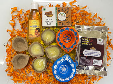 CowVeda’s Eco-friendly Diwali Kit | Panchgavya Diyas, Ubtan Soap, Abhyang Oil & Herbal Ubtan | Natural & Chemical-free Gift Set